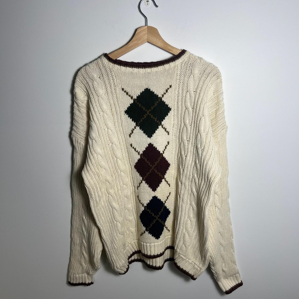 Vintage New River Sweater Mens Large White Argyle Crewneck Pullover 80s 90s